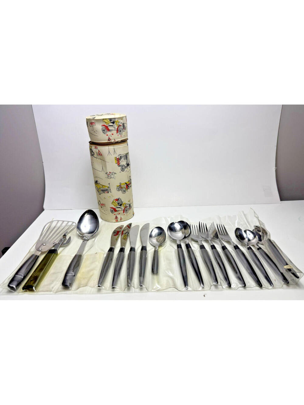 Vtg Zipper Case Cylinder Shape Car Travel Picnic Set Cutlery Serving Tools MCM